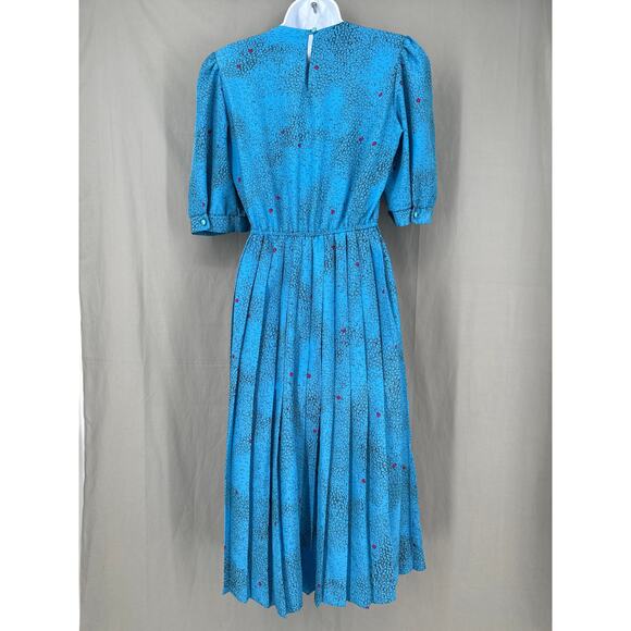 80s Vintage Dress Womens Medium Blue Midi Pleated Turquoise Pink Retro - Picture 3 of 9